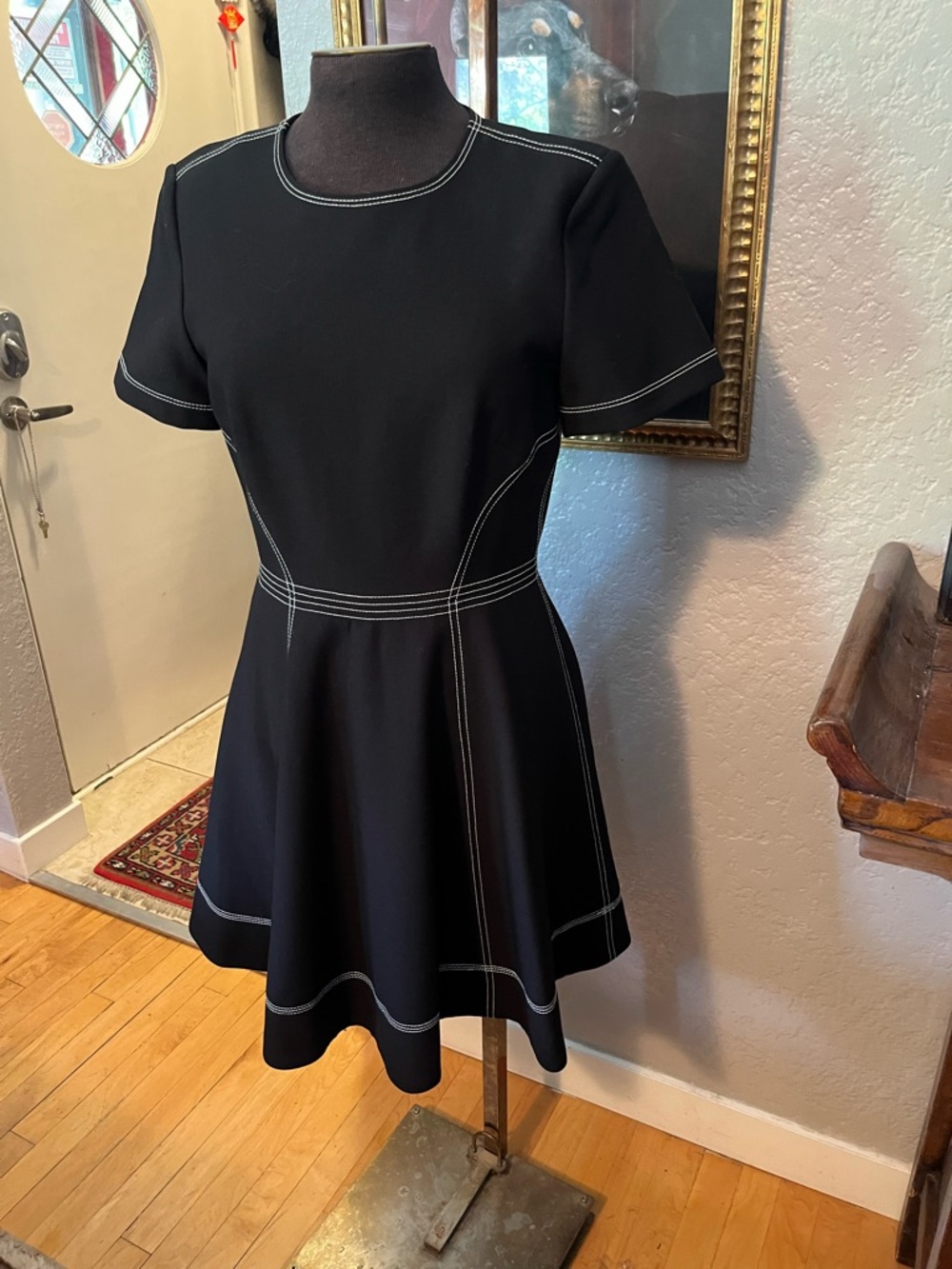 cinq a sept Black Fit-and-Flare Dress with White Topstitching
